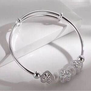 Sterling Silver Heart Charm Bangle Bracelet